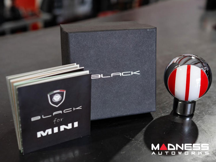 MINI Cooper Gear Shift Knob - Chrome Housing - Red w/ White Racing Stripes Design